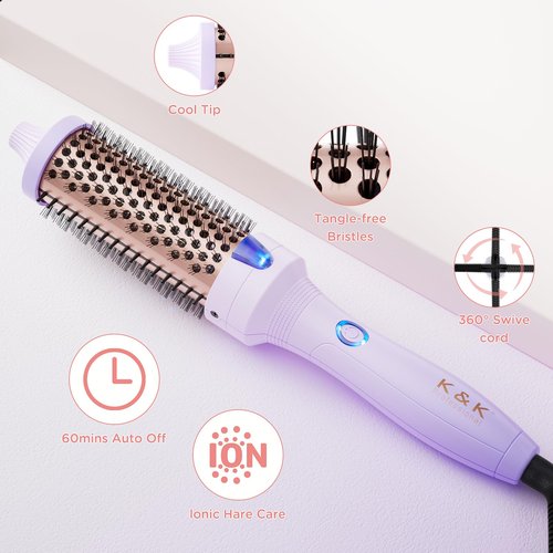 K&K 1.5 inch Volumizing Brush Heated Curling Ceramic Tourmaline Ionic Curling Iron Quick Heating Makes Hair Silky Smooth Dual Voltage Travel-Friendly Straightening Round Design (Purple, 1.5 Inch)