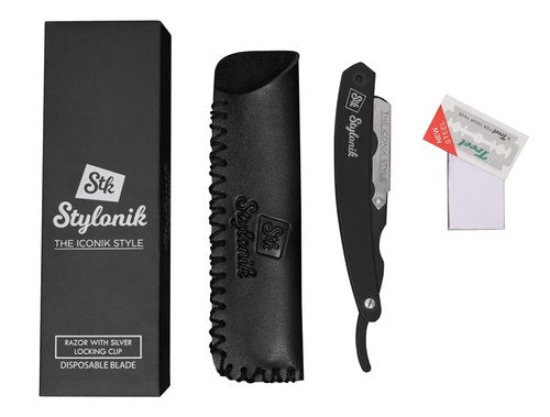 Stylonik Professional Straight Edge Barber Razor – 60 Single/30 Double-Sided Stainless Steel Blades for Men & Women, with Leather Case (Silver)