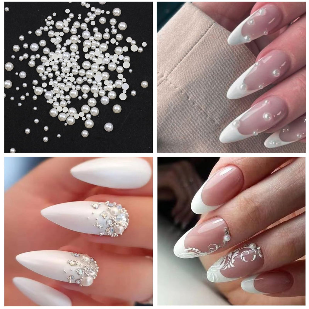 VOTACOS Nail Art Pearls Rhinestones with Glue Gel White Flatback Pearls Luxurious Nail Charms Supplies Accessories Colorful Nails Rhinestones Gems Jewelry for Women Nails Design