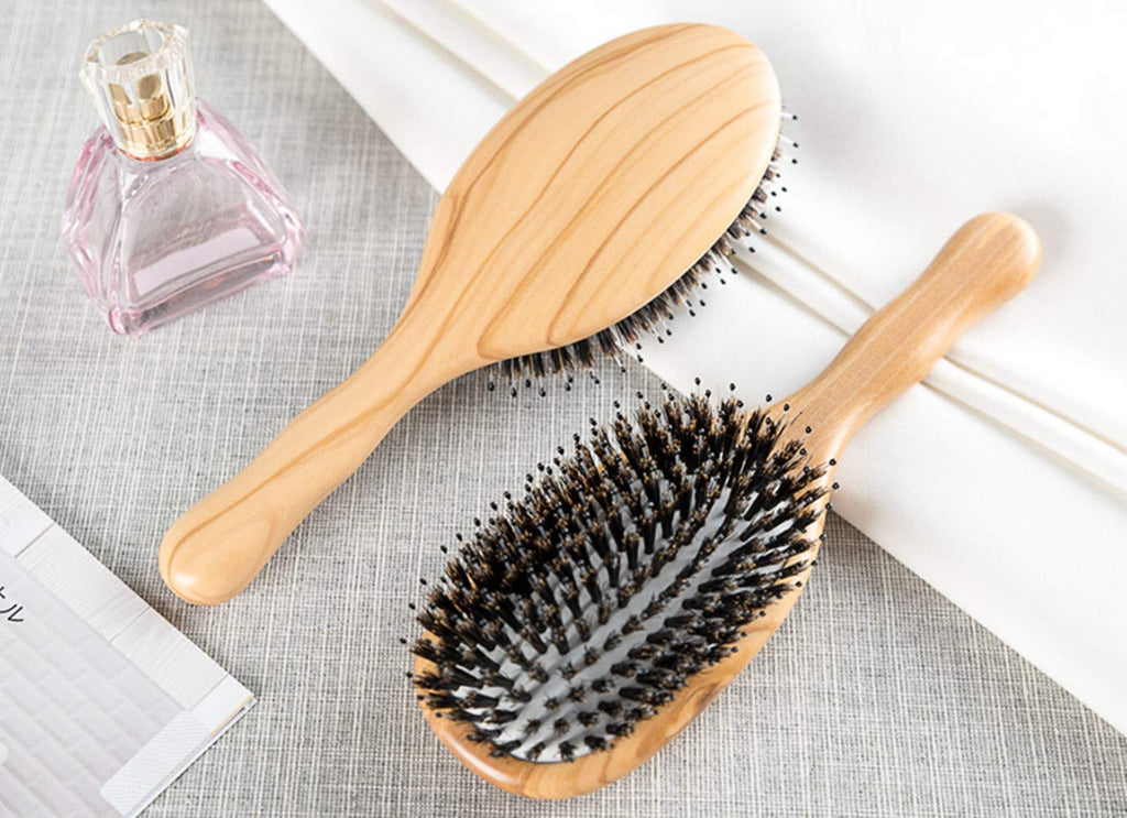 Wild Boar Bristle Hairbrush with Waxed Olive Wood Handle for Styling, Smoothing, Detangling Thick, Thin, Straight, Curly, Wavy, Dry, Damaged Hair to Women, Men, Ladies, Giftbox Included