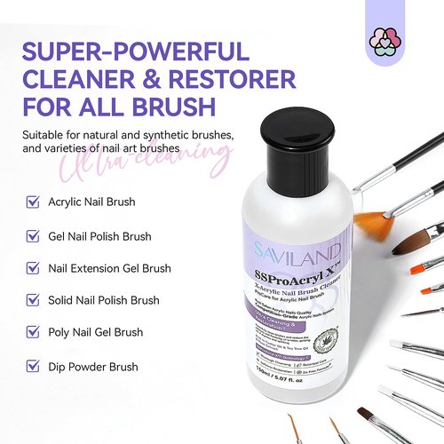 SAVILAND Acrylic Nail Brush Cleaner: 5 OZ Large Capacity Acrylic Brush Cleaner Castor Oil Nail Brush Cleaner Conditioner Restorer with Nail Cleaning Pads & Dappen Dish for Acrylic Nails Home Salon DIY