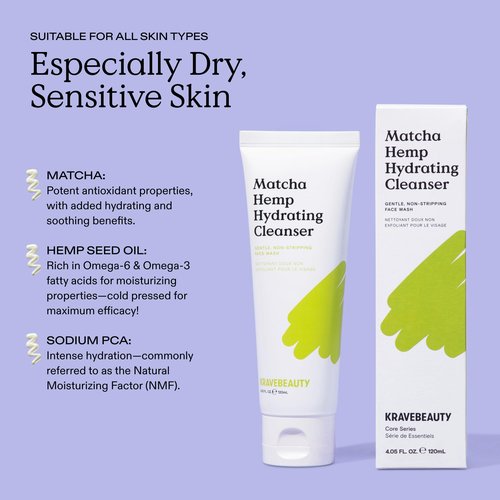 KraveBeauty Matcha Hemp Hydrating Cleanser for Sensitive Skin, 2 Pack, Gentle, Non-Stripping Face Wash with Matcha, Hemp Seed Oil & Glycerin, Fragrance Free, 2 x 120ml