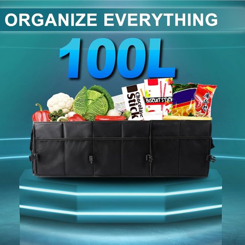 Sposuit Extra Large Car Trunk Organizer - 98L Collapsible Storage with Removable Dividers & Adjustable Straps