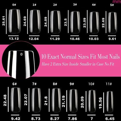UNA GELLA Medium Square Nail Tips, 504pcs Square Gel Nail Tips 12 Sizes Full Cover Acrylic Clear Fake Nails for Nails Extension Salon Home DIY Art