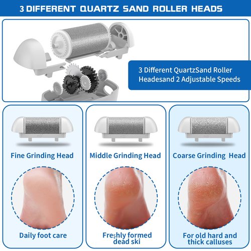 Electric Foot Callus Remover, Rechargeable Portable Electronic Foot File Pedicure Kits, Waterproof Foot Scrubber File, Professional Pedicure Tools, Foot Care for Dead Skin Ideal Gift, 3 Rollers