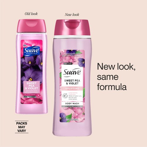 Suave Moisturizing Body Wash, with Sweet Pea Violet and Vitamin E Extract, No Parabens, No Phtahaltes, 18 Oz Pack of 6