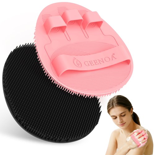 GEENOA Upgrade Silicone Bath Glove 2PCS, 360° Anti-Slip & Enlarged Silicone Body Scrubber for Rich Foam Deep Cleaning, Revolutionary No-Grip & Hand-fit Shower Scrubber for All Skin Types(Black+Pink)