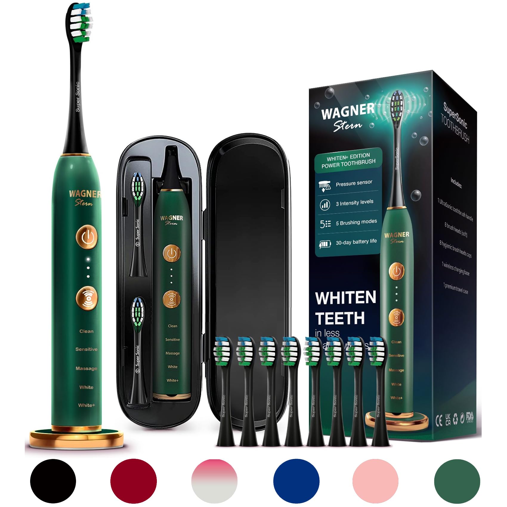 Wagner Stern WT8900 Series Electric Toothbrush – Whitening & Pressure Sensor, 5 Modes, 3 Intensities, 8 Soft Brush Heads, Rechargeable, Travel Case Included
