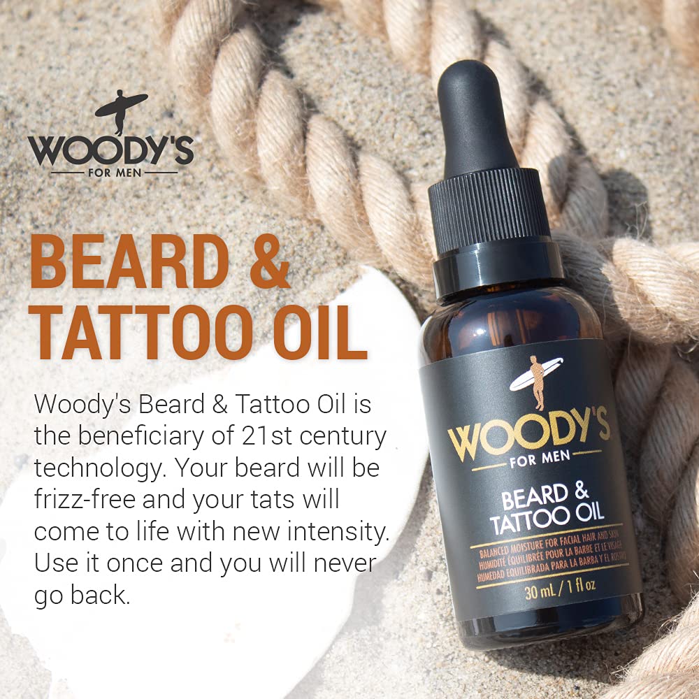 Woody's Tattoo & Beard Oil for Men - Hydrating & Conditioning Mens Beard Oi for Mustache Facial Hair & Tattoo Enhancement, 1 fl oz, 2 Pack