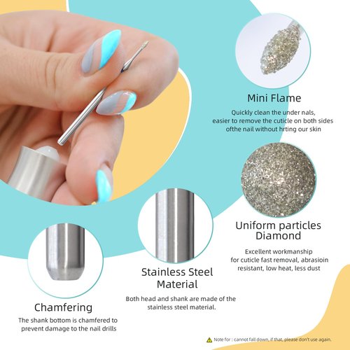 HYTOOS 1mm Mini Flame Cuticle Clean Nail Drill Bit, 5Pcs/Set Russian Diamond Nail Bits Professional Safety Under Nail Cleaner Burr for Cuticle Dead Skin, Electric Nails Drill Accessories, Medium