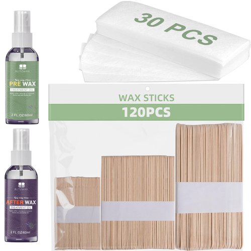 BLITZWAX Wax Kits with 120pcs Wooden Sticks for Hard Wax Hair Removal, Eyebrow Large and Small Applicators for Face, Body, and Lip, with 30 Wax Papers and Oils, Ideal for Women’s At-Home Waxing