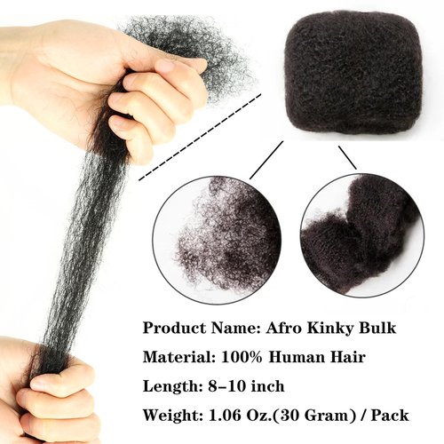 Afro Kinkys Bulk Human Hair for Dreadlock Extensions 8 Inches 30 Gram Natural Black Loc Repair Afro Kinky Braiding Human Hair for Locs (8 Inch 2 Bundles/Package)