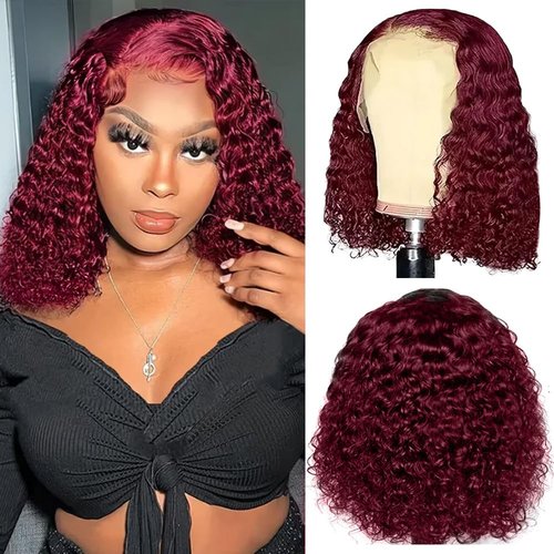Jinhongze 99J Burgundy Curly Bob Wig Human Hair 13x4 Lace Front Wigs Human Hair Burgundy Deep Curly Wigs for Black Women Burgundy Short Curly Bob Wigs 10 Inch