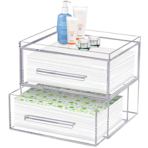 LEIFEOSH Disposable Face Towel Storage Box Acrylic Face Towel Box with Two Drawers for Clean Skin Club Clean Towels Wall-Mountable Makeup Organizer