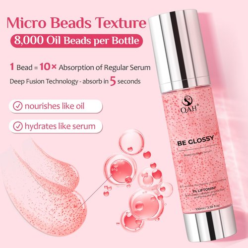 QAH Be Glossy Pink Peptide Body Serum with Oil Beads, Lightweight Smoothing Body Serum for Dry & Dull Skin | Glassy Glow Finish with LIFTONIN®, Hyaluronic Acid & Botanicals, 3.38 fl. oz.