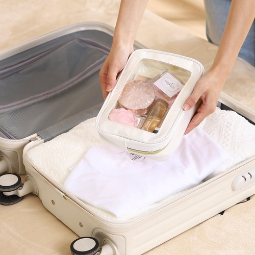 Abbylike 3 Pcs Clear Makeup Bags Car Cosmetic Bag with Zipper Nylon PVC Travel Toiletry Pouches Gifts for Women, Bridesmaid, Mom, Wedding Birthday Party Supplies(Cream White)