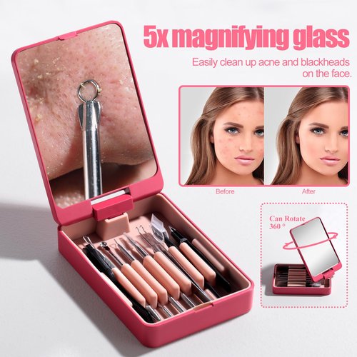 JPNK Blackhead Remover Tool Comedones Extractor Acne Removal kit & Eyebrow Trimmer Kit, 8PCS in One with 5X Magnifying Mirror (Silver)