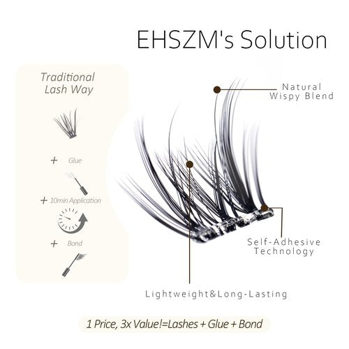 EHSZM BEAUTY POP PRESS 12-14mm Self-Adhesive Lash Clusters Kit, Natural-Curl, 1-Minute Pre-Glued Press-On, All-Day No-Fall, Thin Invisible Band, Natural Wispy Naked Makeup Look, Includes Tweezers
