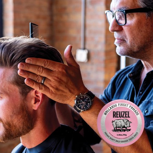 REUZEL Pink Grease Pomade, Strong All Day Hold, Oil-Based Styling Wax, Medium Shine, Easy To Wash Out, For All Hair Types
