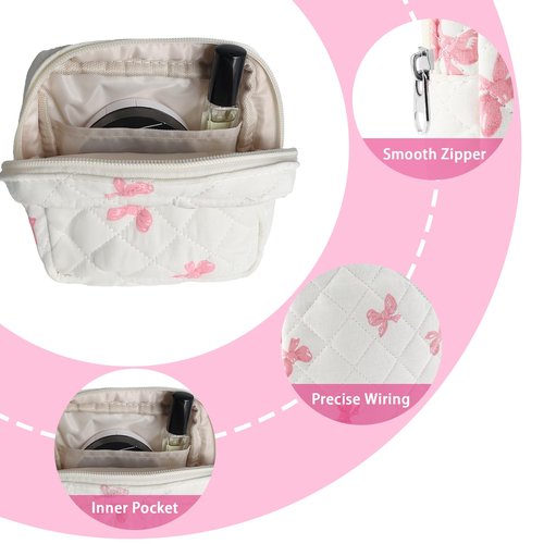 Tmtains Small Quilted Cotton Makeup Bag for Purse Mini Cosmetic Period Bag for Women Cute Pink Bow Makeup Sanitary Pouch Portable Travel Toiletry Bags with Zipper Valentine Birthday Gifts