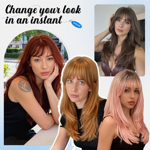HAIRCUBE Layered Red Brown Medium Long Straight Synthetic Wigs for Women with Bangs Heat Resistant Natural Look for Daily Use