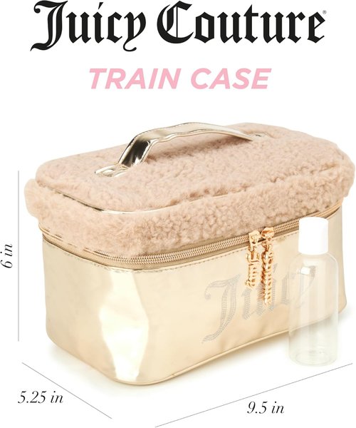 Juicy Couture Gold Makeup Bag - Shiny Rhinestones Travel Organizer | Faux Shearling Design