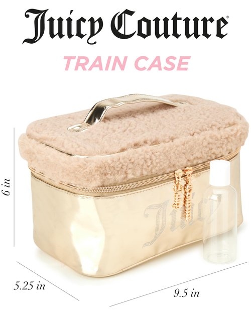 Juicy Couture Gold Makeup Bag Cosmetics Organizer Travel Essentials Train Case Shiny Rhinestones Faux Shearling