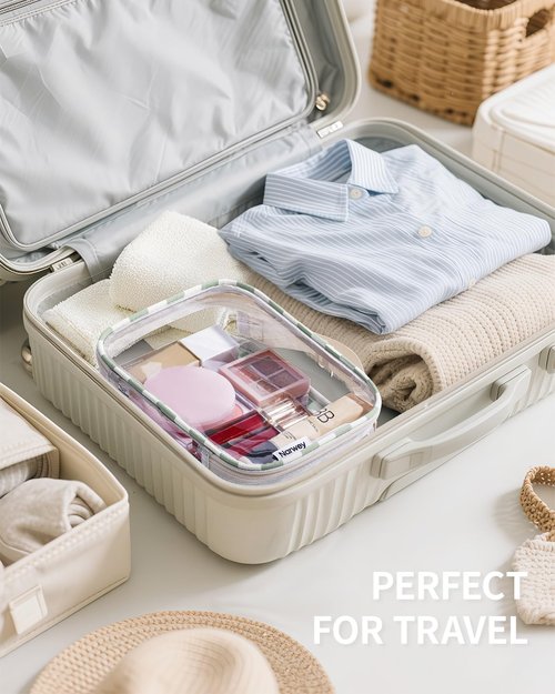 Narwey TSA Approved Clear Toiletry Bag for Travel, Waterproof PVC Clear Makeup Bags, Portable Compact Cosmetic Bag Make Up Organizer, Airport Airline Quart Size Compliant Bag (Mint Green Checkerboard)