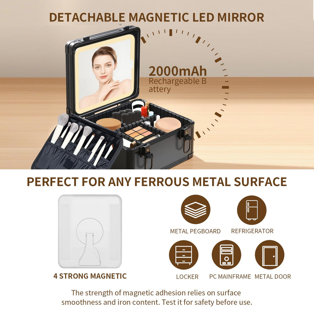 Yenovia Travel Makeup Case with Lighted LED Mirror – Waterproof Cosmetic Organizer with Adjustable Dividers, Portable Makeup Train Case for Women, Black