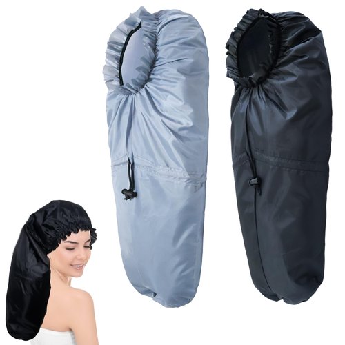 Large Shower Caps for Braids, 2 PCS Waterproof Shower Caps for Women Long Hair, Reusable Large Size Bath Caps Hair Bonnets for Thick Curly Hair, Locs, Twist Braids, Dreadlocks (Black, Grey)