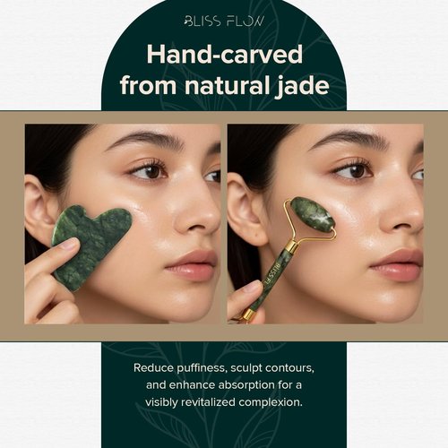 BlissFlow Jade Roller & Gua Sha Set – Natural Jade Face Roller for Puffiness, Wrinkles & Lifting – Cooling Facial Massage Tool for Glowing Skin, Stress Relief & Skincare Absorption