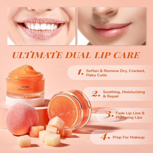 ANAI RUI Lip Scrub & Mask Set - Exfoliating Sugar Scrub & Moisturizing Overnight Mask for Dry Lips | Peach