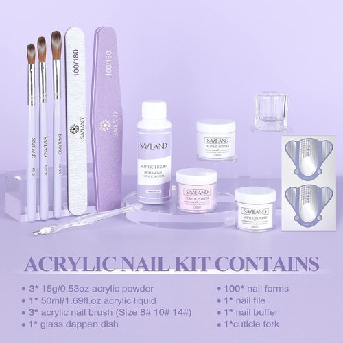 SAVILAND Acrylic Nail Kit - Professional Beginner Set with Clear, White & Pink Powder, 100 Nail Forms