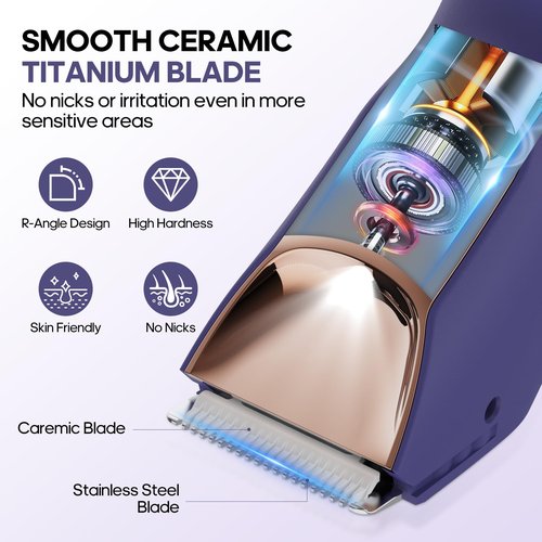 TEENOVA Electric Body Hair Trimmer - 3 in 1 Pubic Trimmer for Men - Bikini Trimmer for Women - No Nick Groin Ball Shaver Razor with Ceramic Blade Heads, Wireless Dock Charging, Wet/Dry Use (Purple)