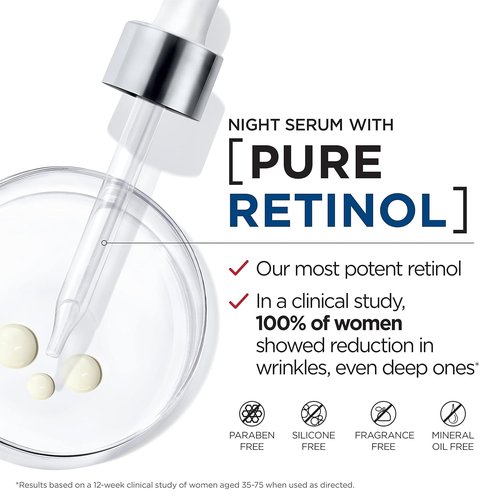 L'Oreal Paris Revitalift Night Serum - 0.3% Pure Retinol for Deep Wrinkle Reduction | Fragrance-Free 1 oz + Moisturizer Sample
