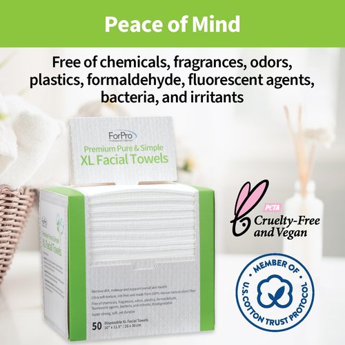 ForPro Premium Pure & Simple XL Facial Towels, Disposable Makeup Remover Dry Wipes, Ultra Soft Lint-Free Biodegradable Face Towels, 100% Vegan & Cruelty-Free, 50-Count