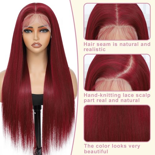Koreyo 99j Burgundy Wig, Synthetic Lace Front Wig Pre-Plucked 13x4 HD Transparent 26 inch Long Straight Wine Red Lace Front Wig For Black Women Suitable For Everyday Wear