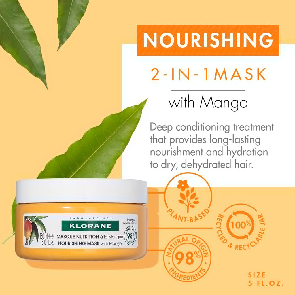 Klorane Nourishing 2-in-1 Mango Mask - Deep Conditioning Overnight Treatment for Dry Hair | 5 fl. oz.