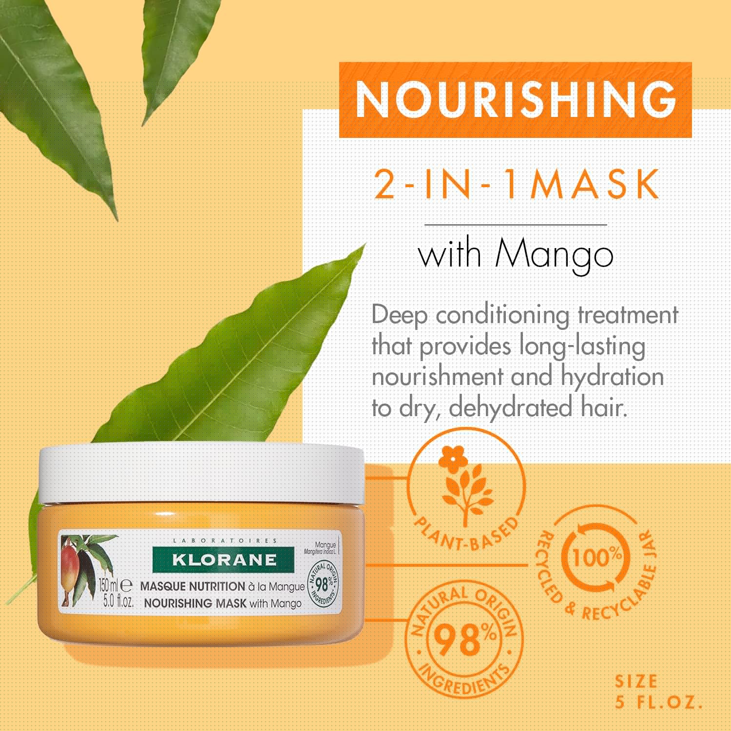 Klorane Nourishing 2-in-1 Mango Mask - Deep Conditioning Overnight Treatment for Dry Hair | 5 fl. oz.