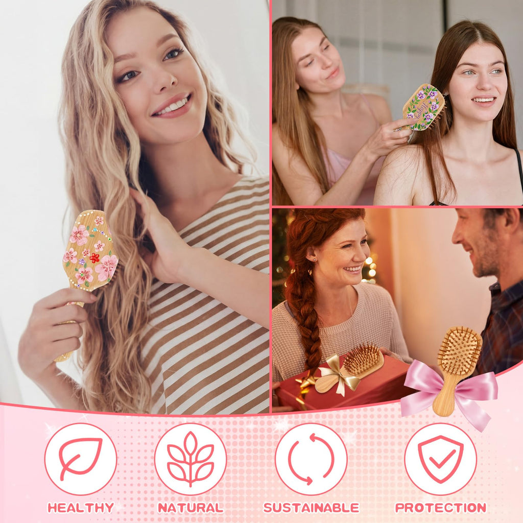 Weysat 18 Set DIY Wooden Hairbrush Painting Kits Paint Your Own Hair Brush with Paint Brush Sticker Mini Travel Detangling Hairbrush for Wedding Bridal Showers Girlfriends Night Gifts(Classic)