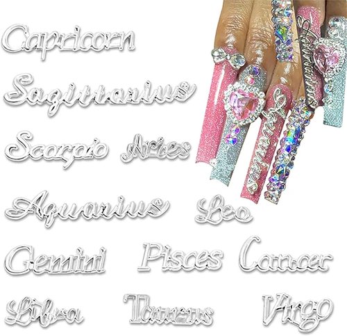 72pcs Zodiac Letter Nail Charms for Acrylic Nails Alloy Twelve Constellation Zodiac Sign Silver Gold Charm Jewels Studs Hollow Letter Nail Art Nail Decoration DIY Craft for Women Girls Manicure