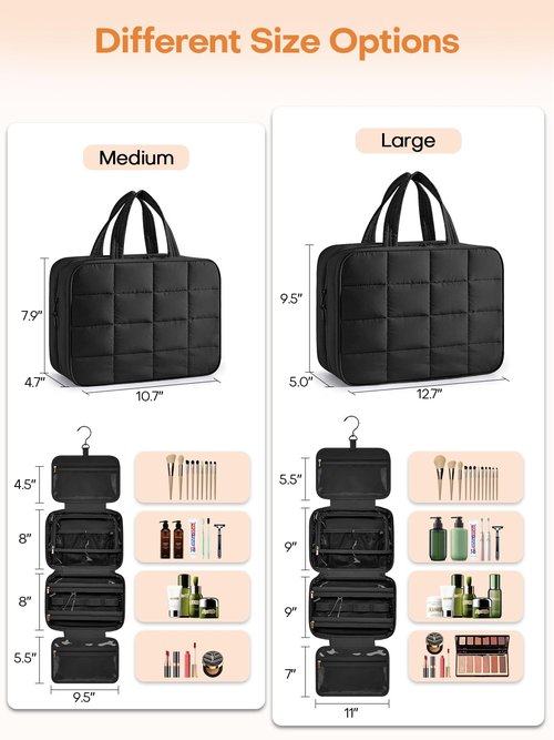 Manuqia Travel Toiletry Bag with Separate Jewelry Organizer, Water-resistant Makeup Bag with Hanging Hook, Large Capacity Travel Organizer for Toiletries, Cosmetic, Vacation Accessories - Medium