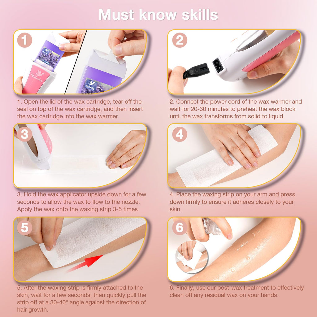 Vuteehy Roll on Waxing Kit, Roll on Wax Kit for Hair Removal, Waxing Kit at Home, Wax Roller Kit for All Skin Types Body, Sensitive Skin, Unisex, with 2 Soft Cartridges & 50 Pcs Strips