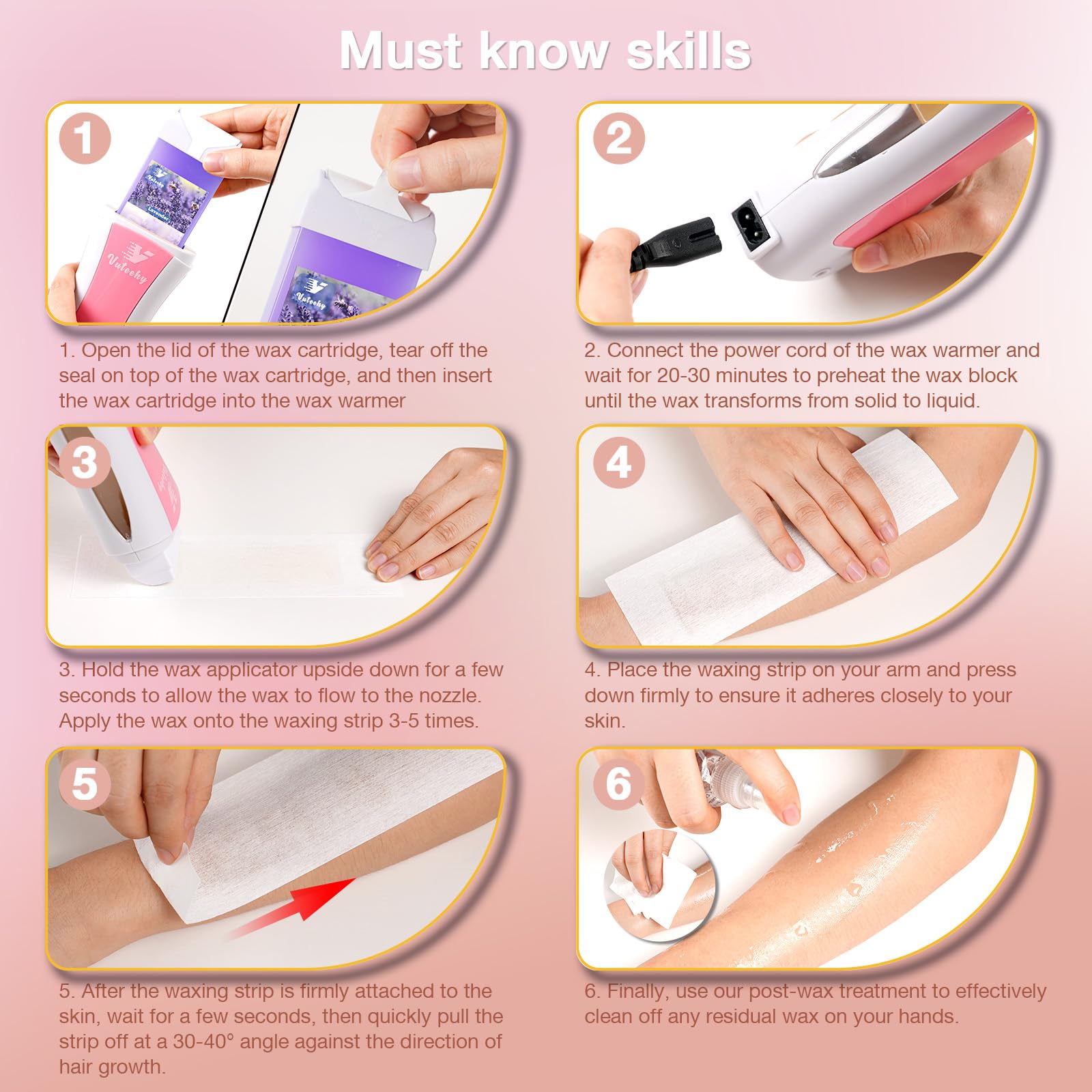 Vuteehy Roll on Waxing Kit, Roll on Wax Kit for Hair Removal, Waxing Kit at Home, Wax Roller Kit for All Skin Types Body, Sensitive Skin, Unisex, with 2 Soft Cartridges & 50 Pcs Strips