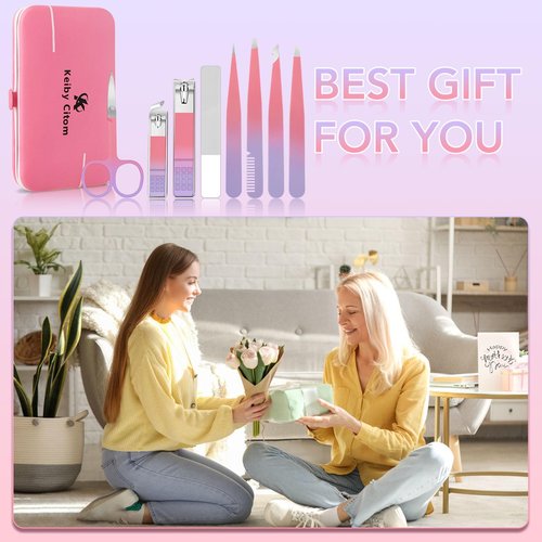 Tweezers Set for Facial Hair Removal Women, 8Pcs Precision Eyebrow Tweezers Nail Clipper Set Eyebrow Plucker Men for Ingrown Hair Removal (Pink)