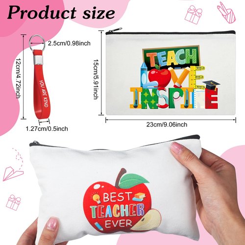 Capoda 56 Pcs Teacher Appreciation Gifts in Bulk 28 Inspirational Flax Cosmetic Bags for Women 28 Motivational Quote Keychains Thank You Gifts for Teacher's Day Graduation Back to School(White)