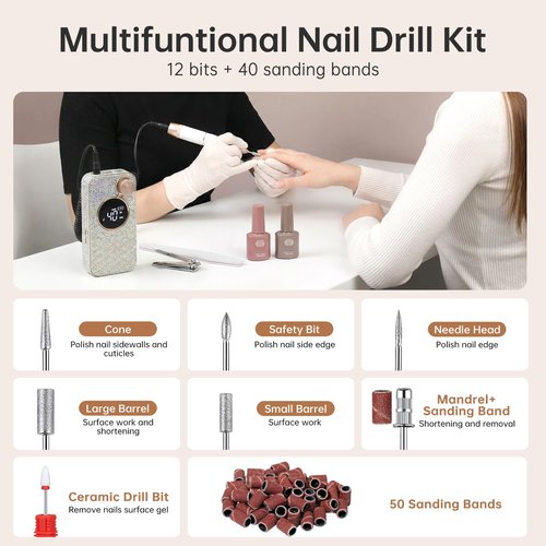 CHRISTINE SHELLY Electric Nail Drill, 40000RPM Cordless Nail File with 12 Drill Bits for Acrylic Nails Gel Polishing, E File Professional, Nail Kit Machine for Manicure Salon Home AB Diamond