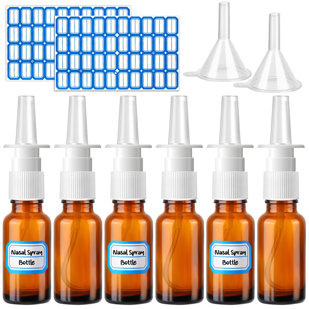 ZHWKMYP 10 Pcs Nasal Spray Bottle, 20ML/0.7OZ 6 Pcs Fine Mist Glass Empty Refillable Nasal Spray Bottle with 2 Funnels and 2 Labels