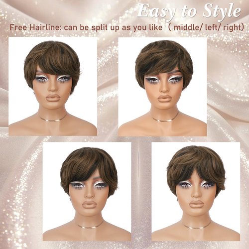 RUWISS Pixie Cut Human Hair Wig – Short Wigs for Black Women with Bangs, Natural Layered Wavy Wig, Glueless, 1B#