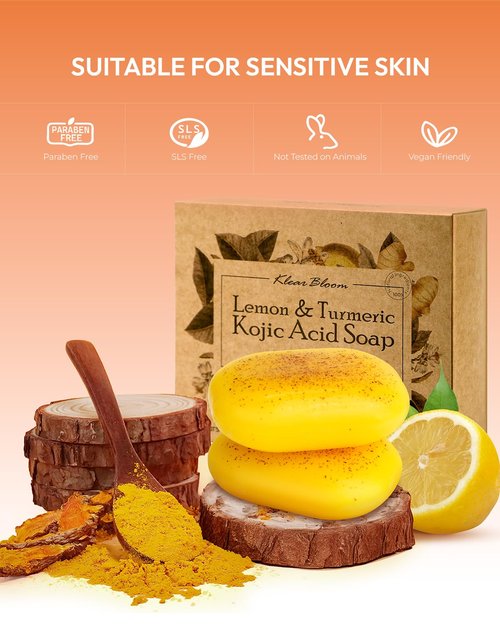 KlearBloom Lemon Turmeric Kojic Acid Soap – Exfoliating Soap with Almond Particles for Dark Spots, Vitamin C and Extra Shea Butter, Gentle Brightening & Moisturizing for Face and Body – 105g x 2 Bars